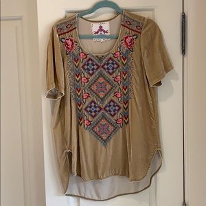 Johnny Was short sleeve velvet embroidered top.